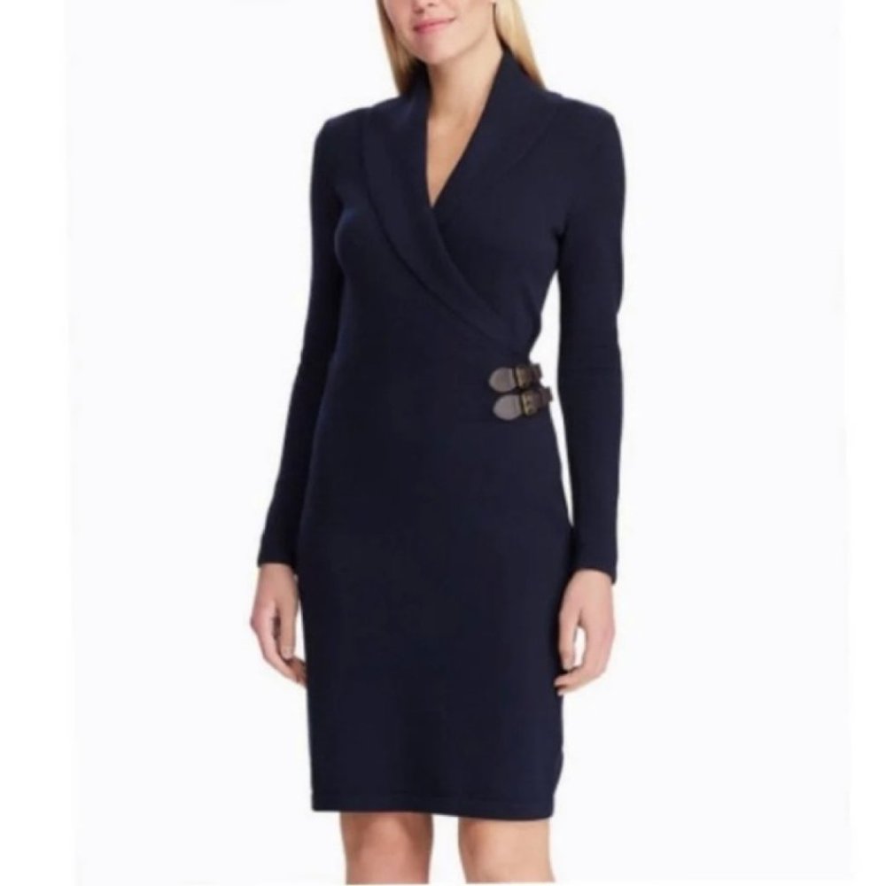 Lauren Ralph Lauren Black Sweater Faux Wrap Dress